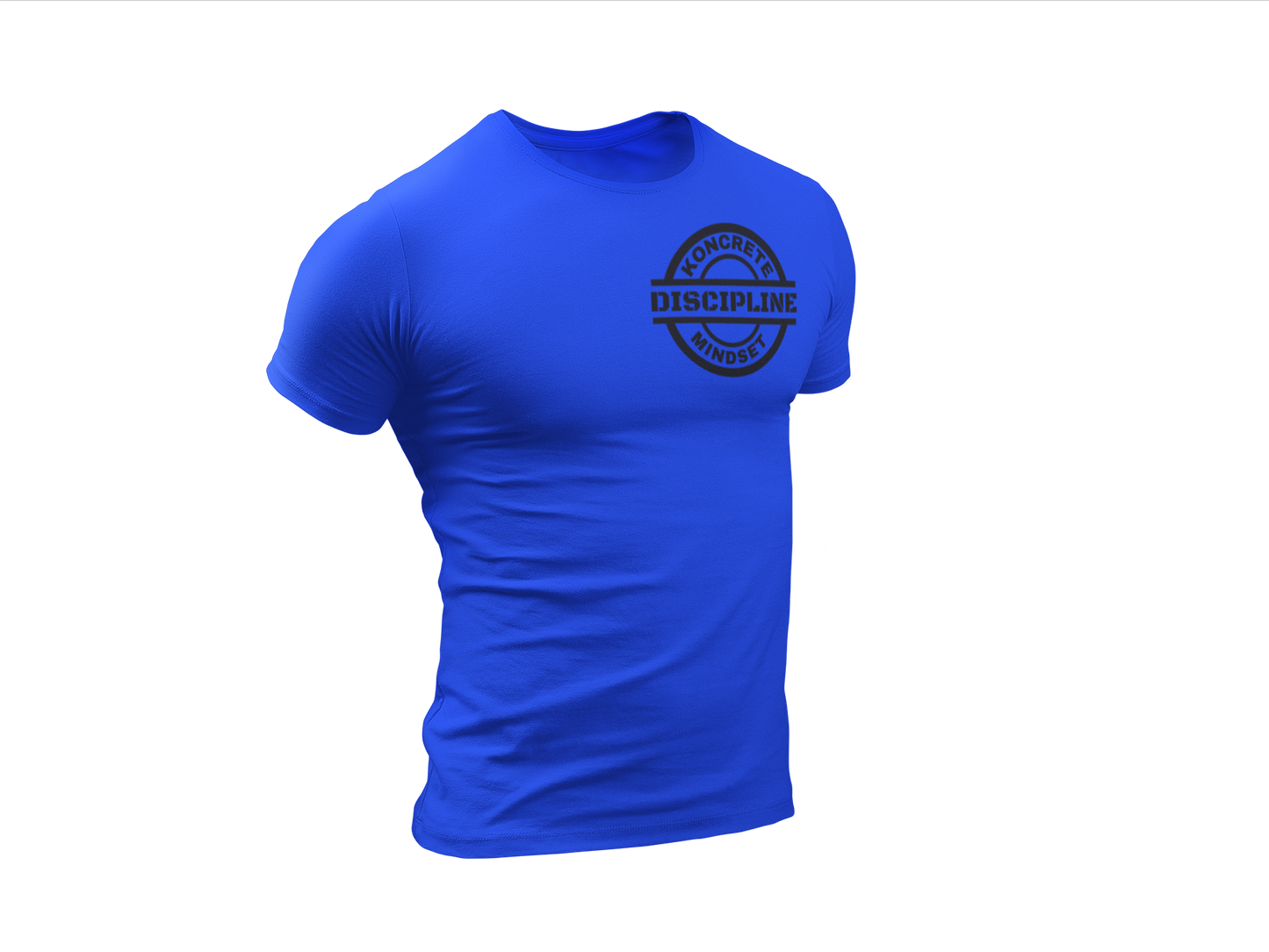 royal blue Koncrete Mindset discipline t-shirt with black design on left chest