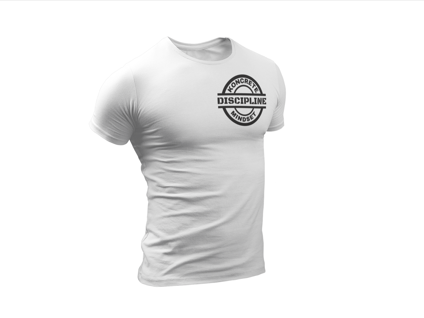 white Koncrete Mindset discipline t-shirt with black design on left chest