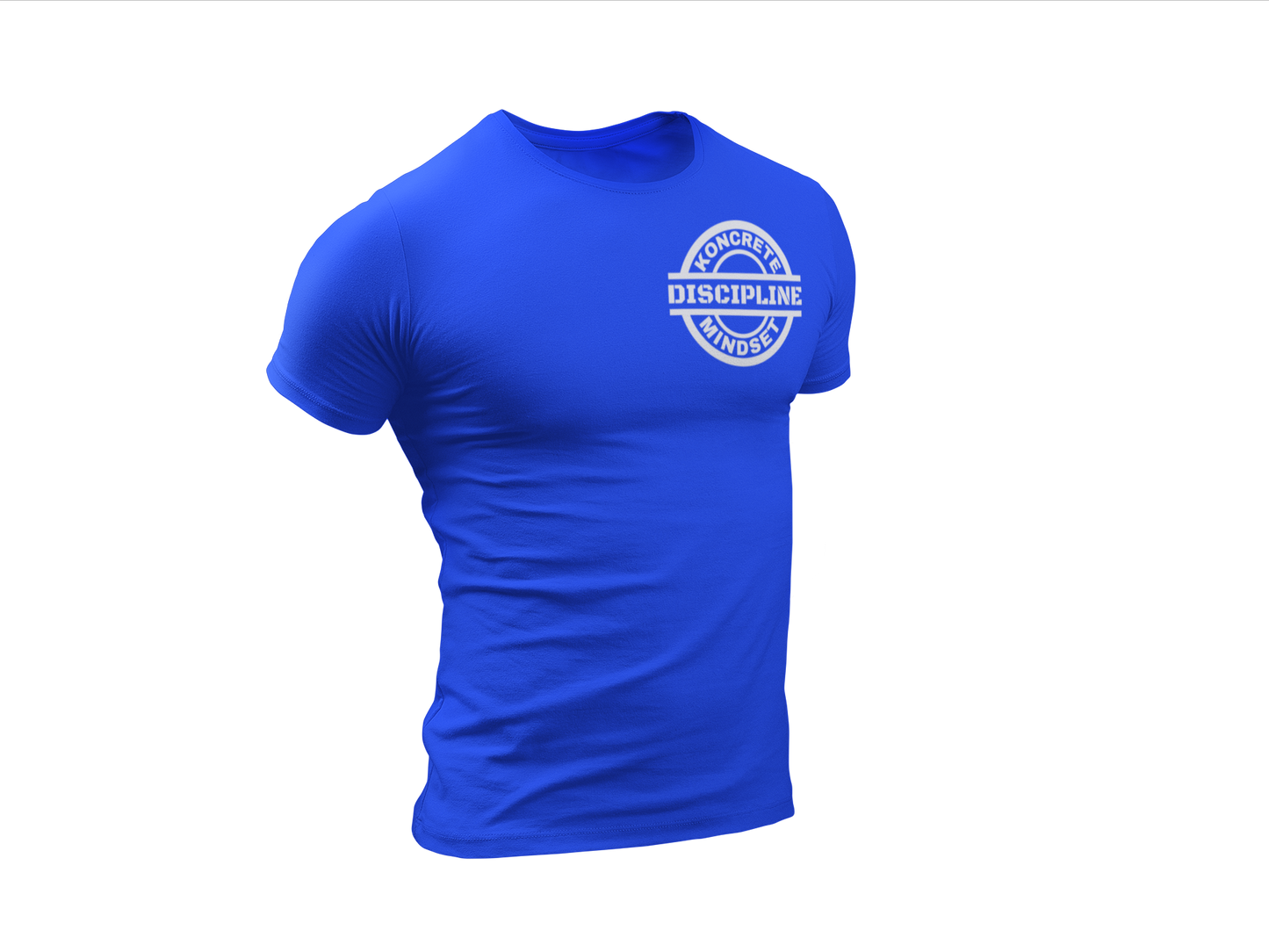 royal blue Koncrete Mindset discipline t-shirt with white design on left chest
