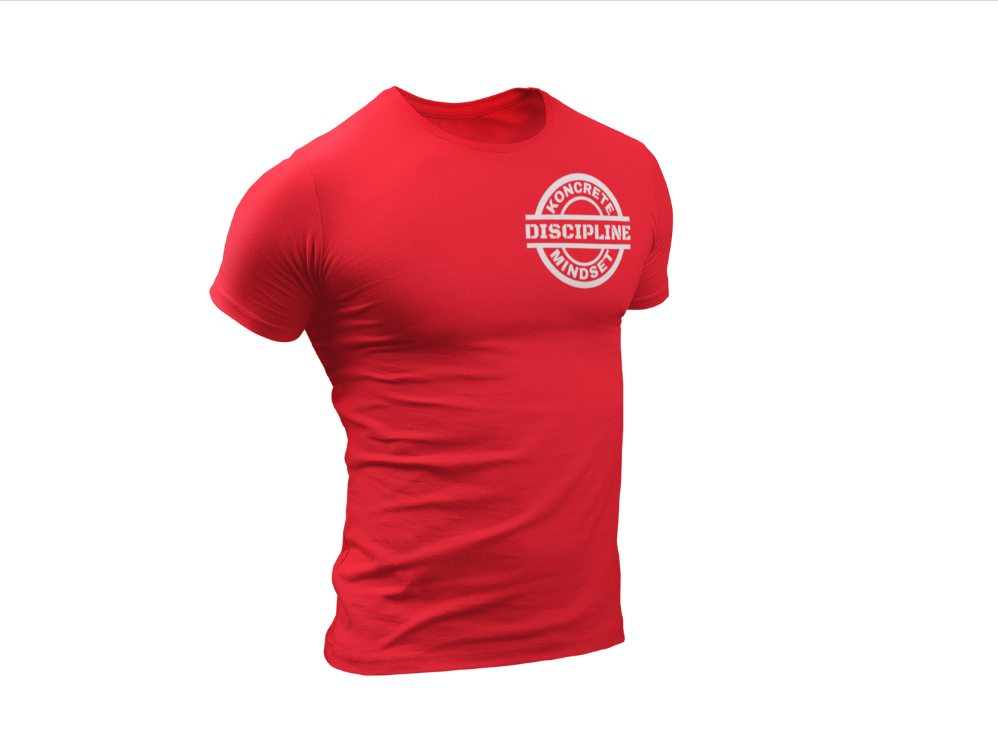 red Koncrete Mindset discipline t-shirt with white design on left chest