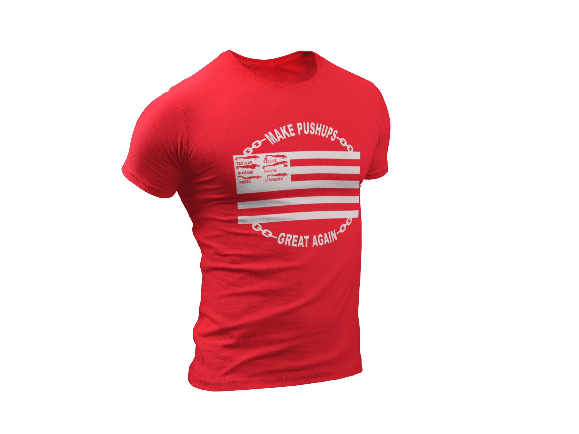 Red t-shirt with white Make Pushups Great Again design for men