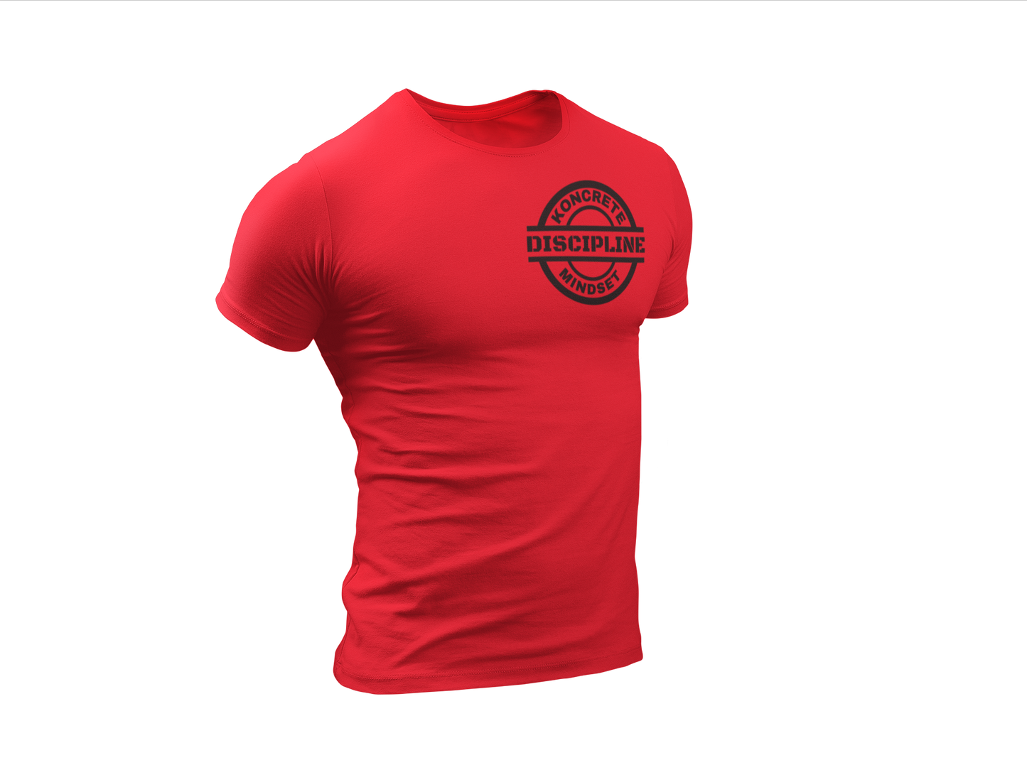 red  Koncrete Mindset discipline t-shirt with black design on left chest 