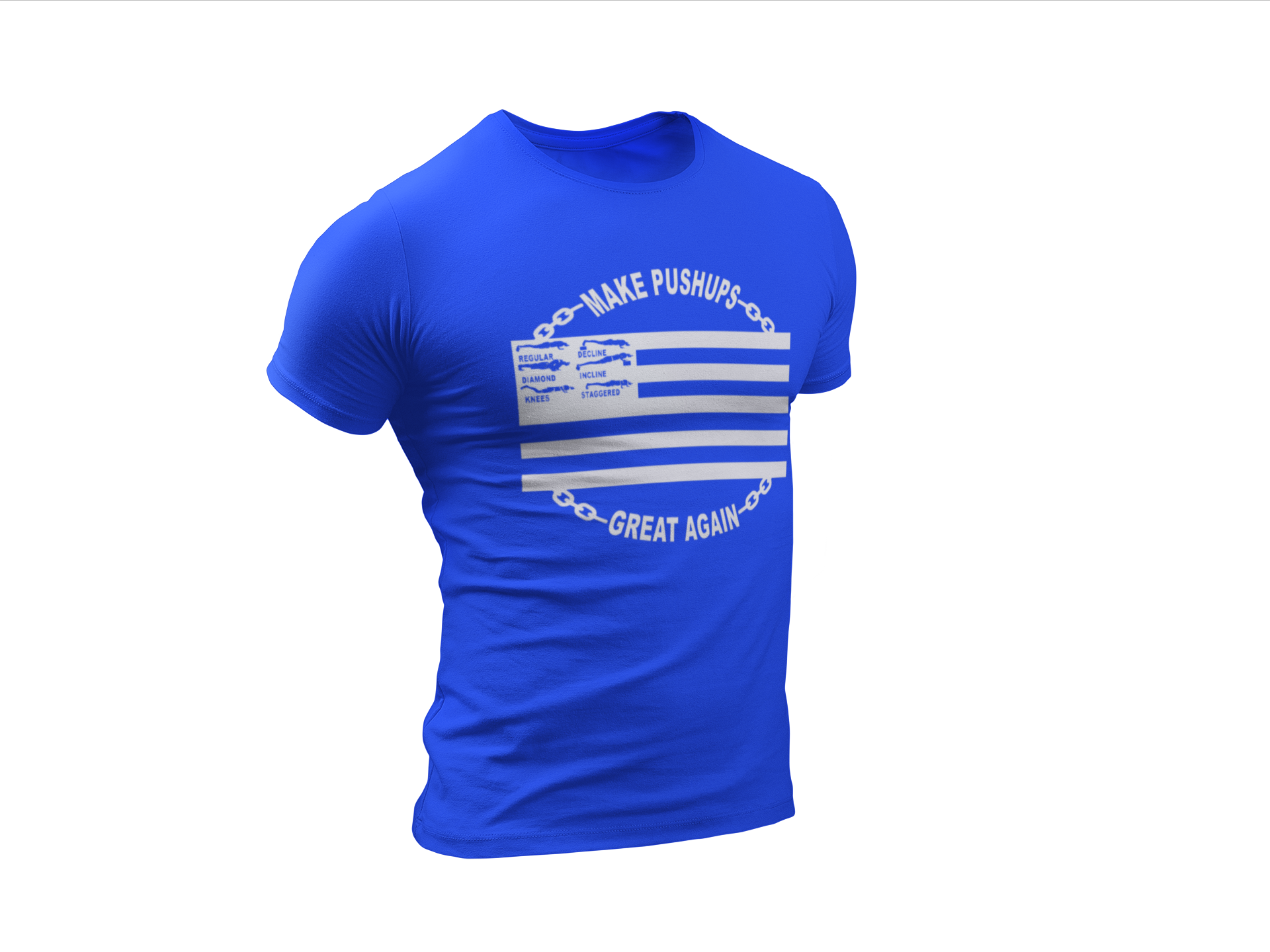 Blue t-shirt with white Make Pushups Great Again design for men