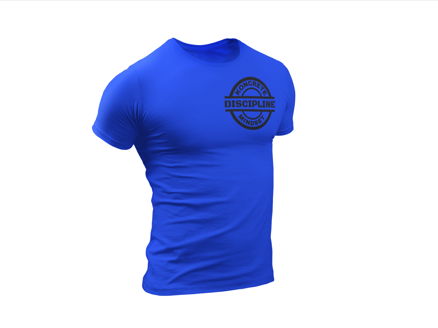 royal blue Koncrete Mindset discipline t-shirt with black design on left chest 