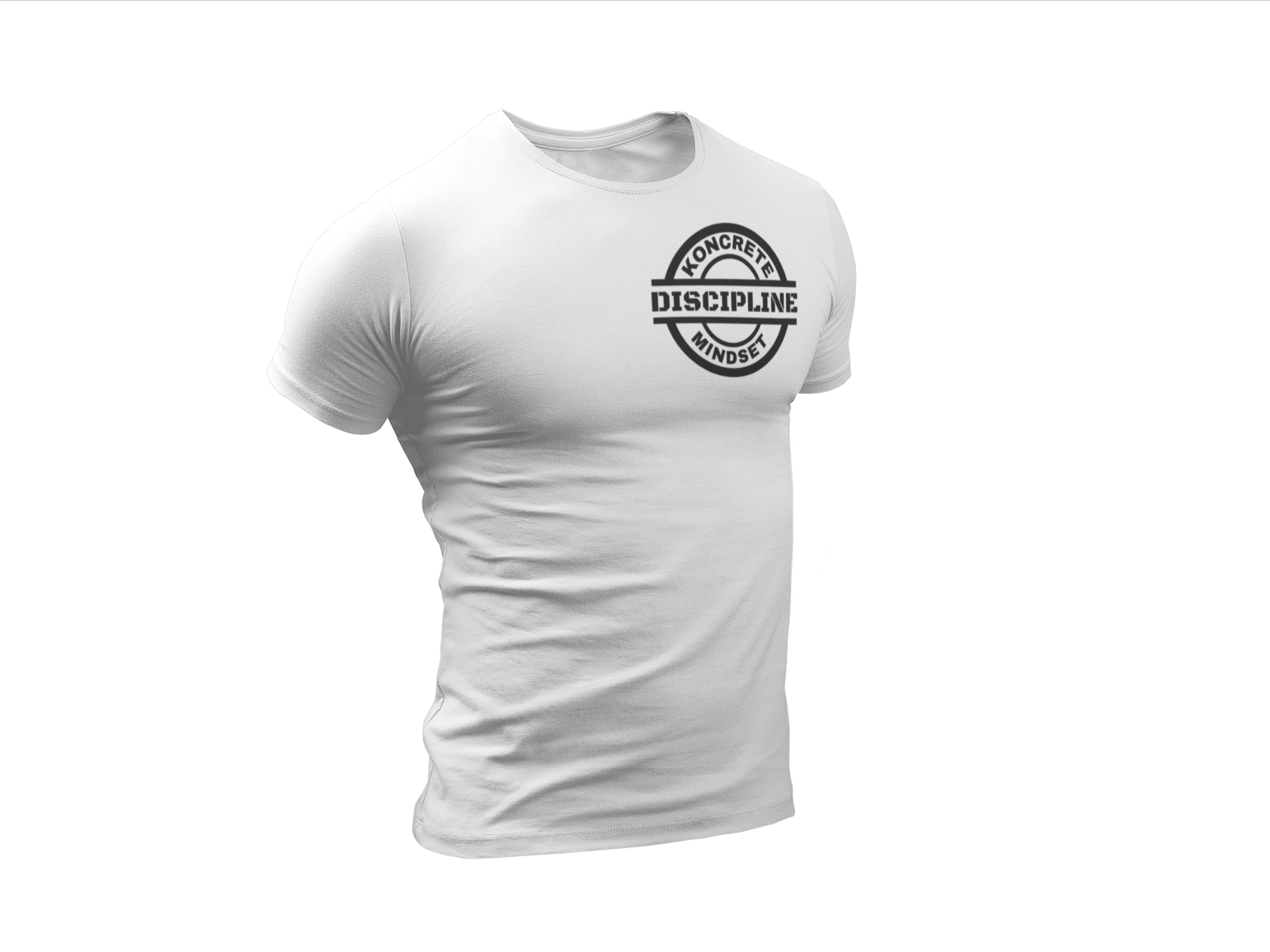 white Koncrete Mindset discipline t-shirt with black design on left chest 