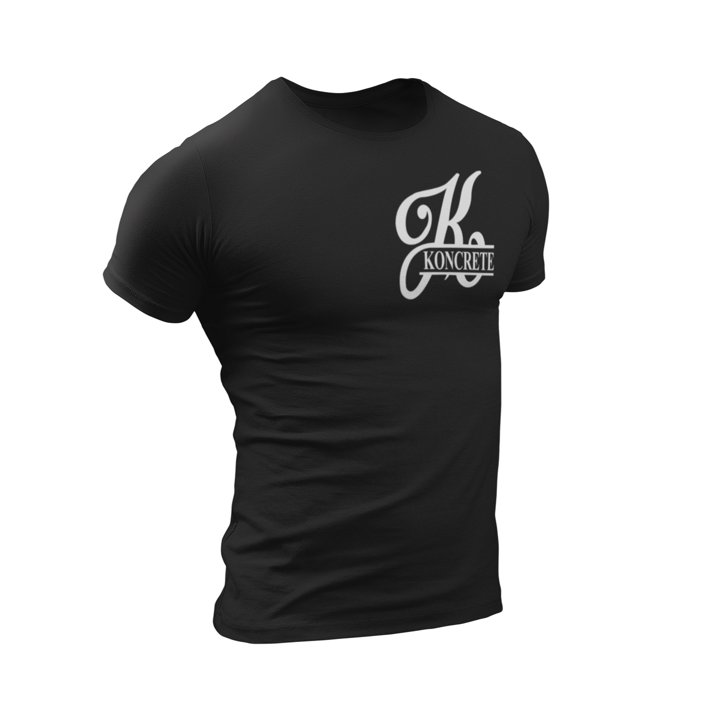 black Koncrete t-shirt with white design on left chest 