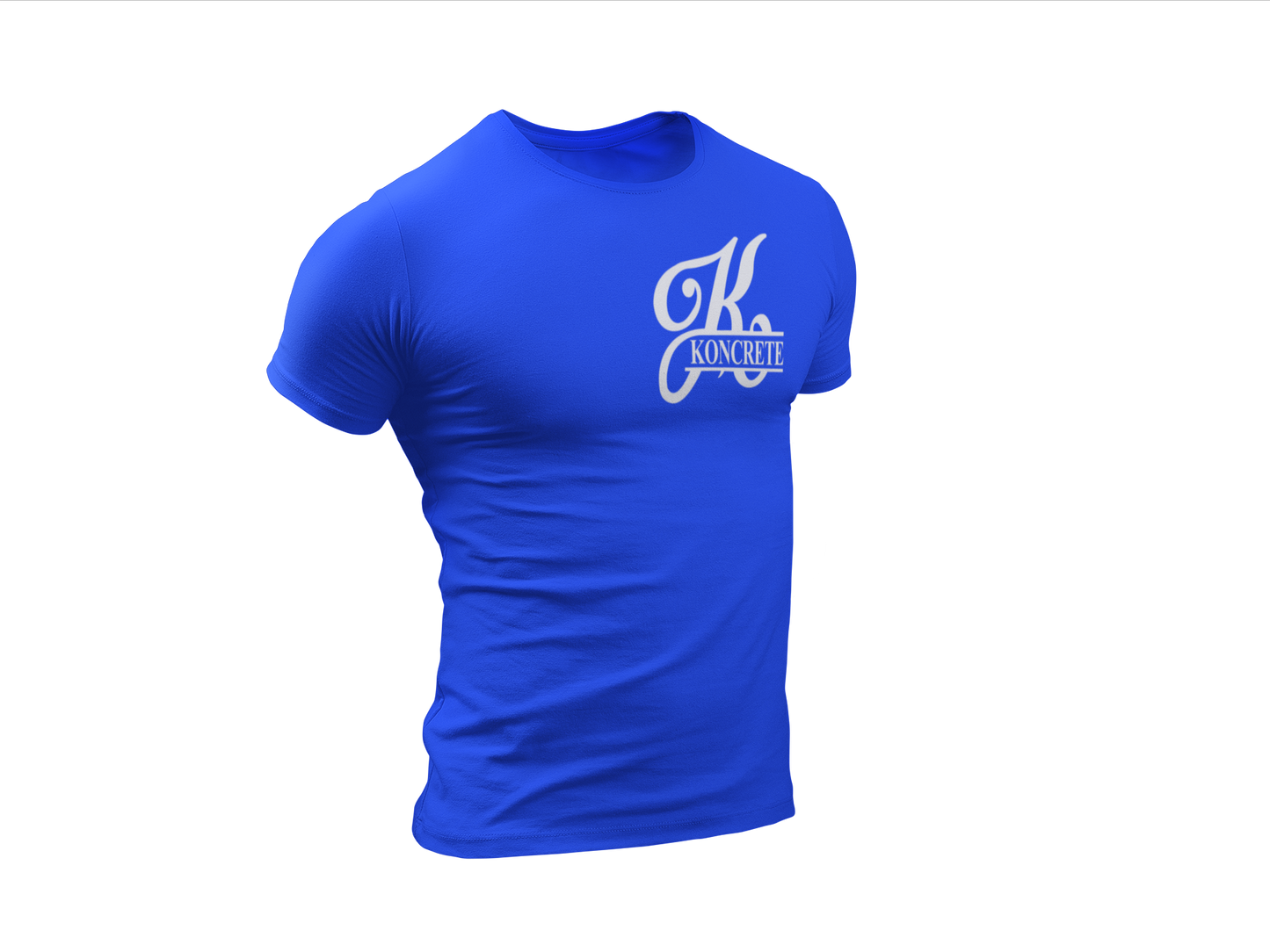 royal blue Koncrete t-shirt with white design on left chest 