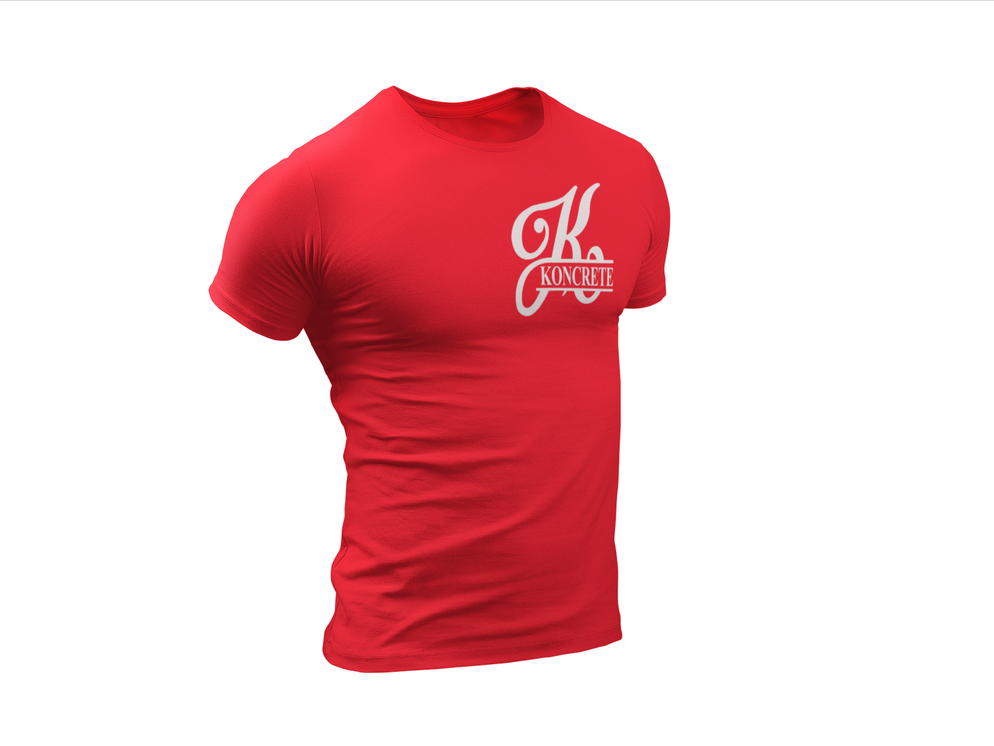 red Koncrete t-shirt with white design on left chest 