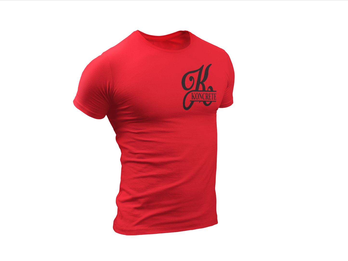 red Koncrete t-shirt with black design on left chest 