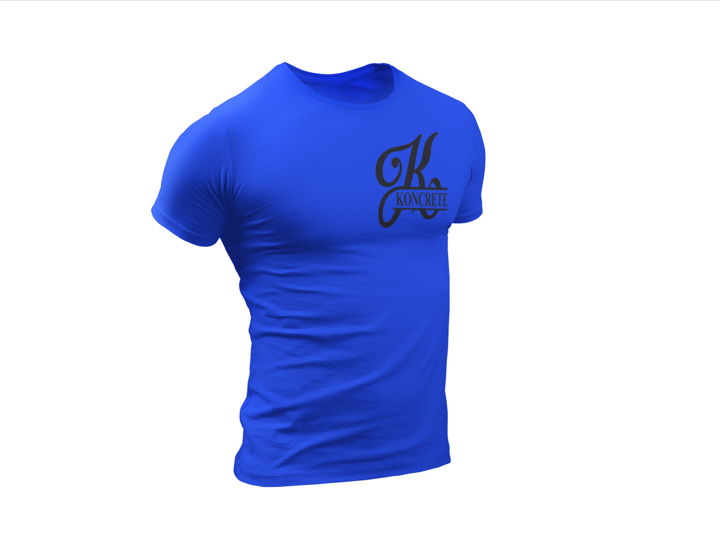 royal blue Koncrete t-shirt with black design on left chest 