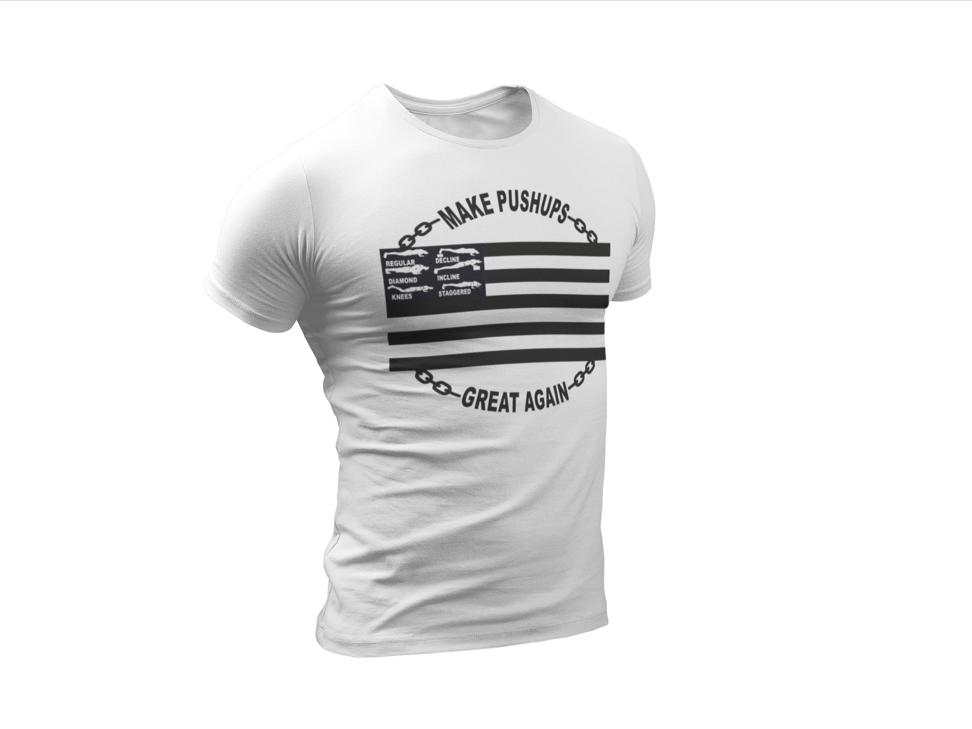 White t-shirt with black Make Pushups Great Again design for men