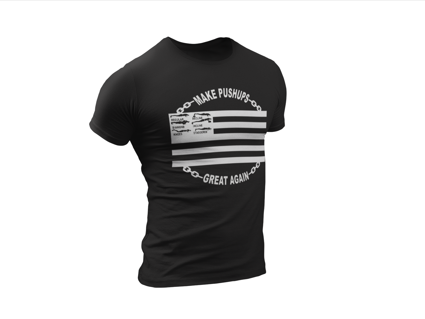 Black t-shirt with white Make Pushups Great Again design for men