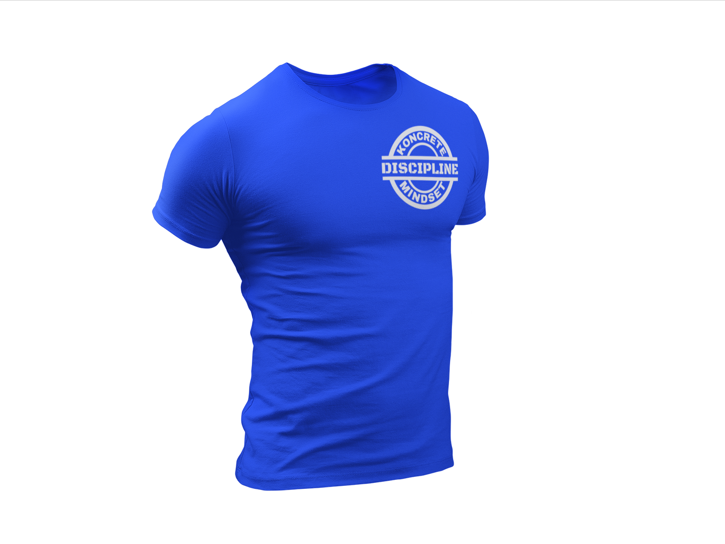 royal blue Koncrete Mindset discipline t-shirt with white design on left chest  