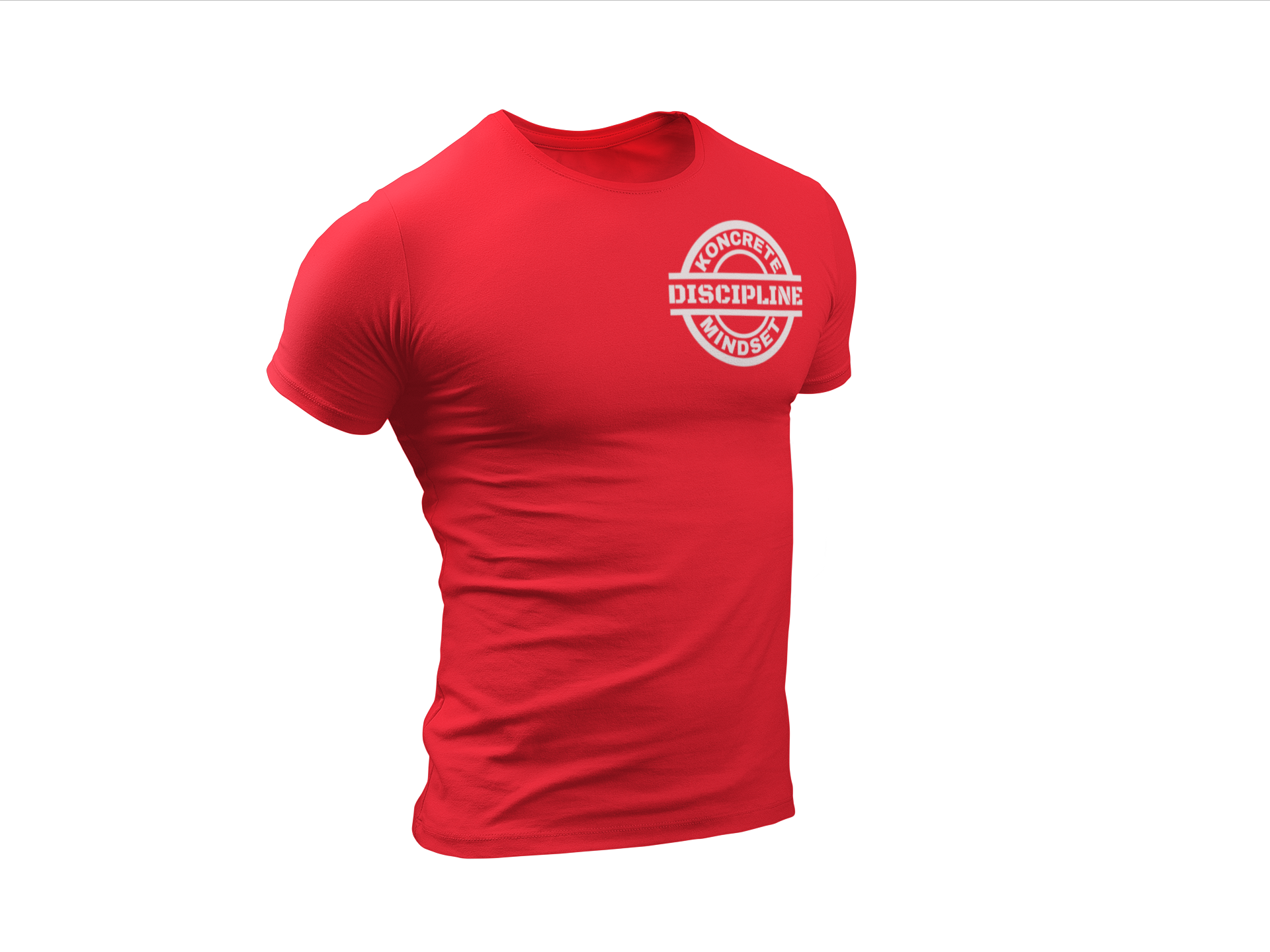 red  Koncrete Mindset discipline t-shirt with white design on left chest 