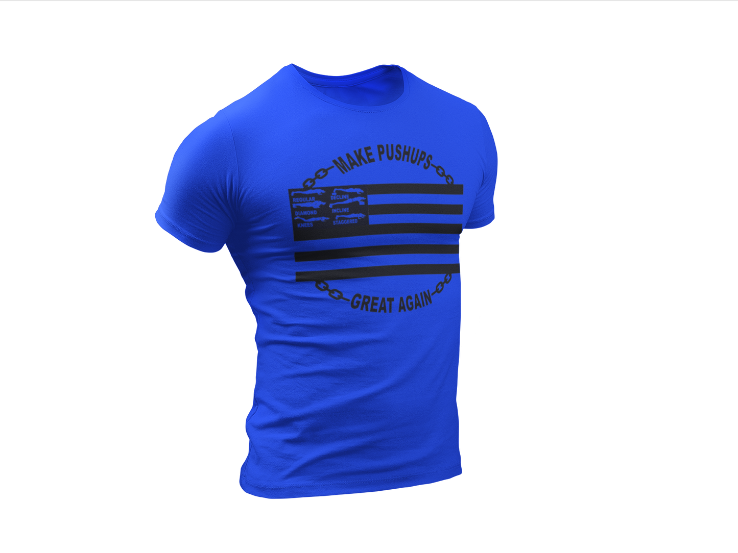 Blue t-shirt with black Make Pushups Great Again design for men